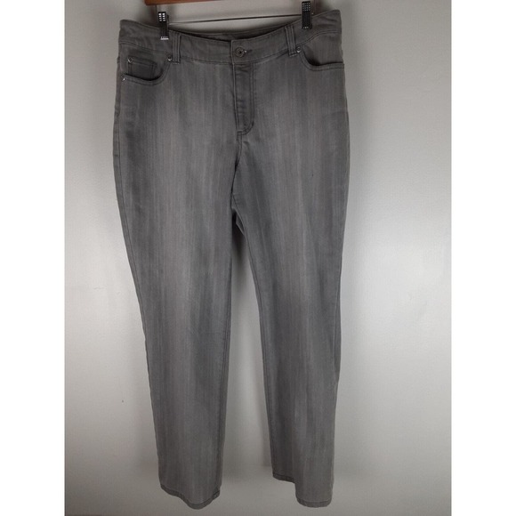 Chicos Platinum Women's Gray Straight Leg Denim Jeans Stretch Rhinestone 14 2.5 - Picture 1 of 9